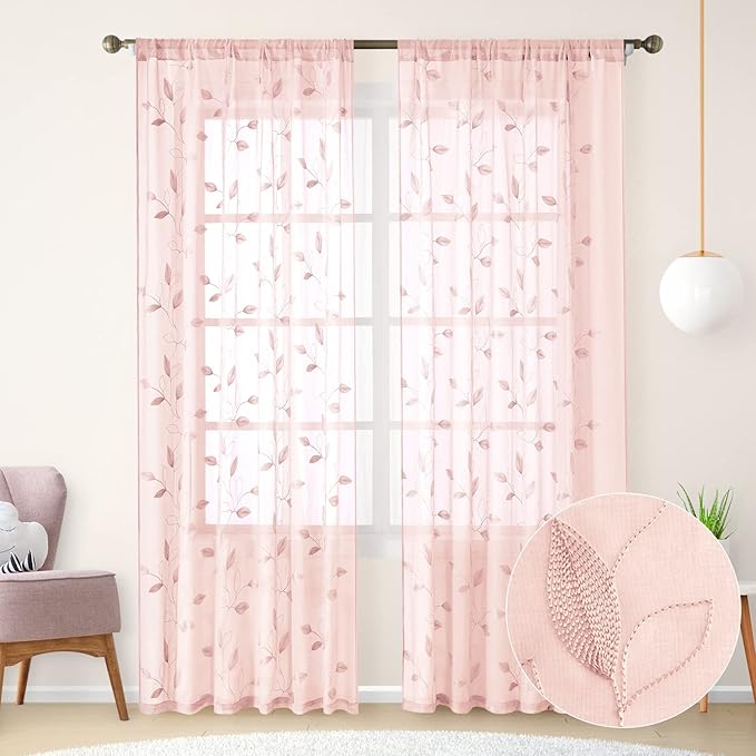 HOMEIDEAS Blush Pink Sheer Curtains 52 X 84 Inches Length 2 Panels Embroidered by HOMEIDEAS