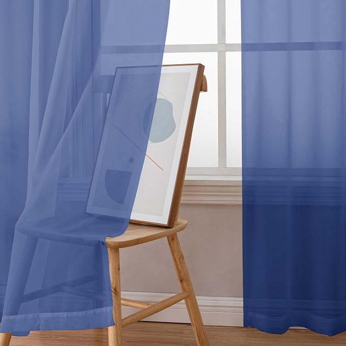 Simplebrand Royal Blue Sheer Curtains 63 Inch Length 2 Panels, Rod Pocket Solid - Image 3