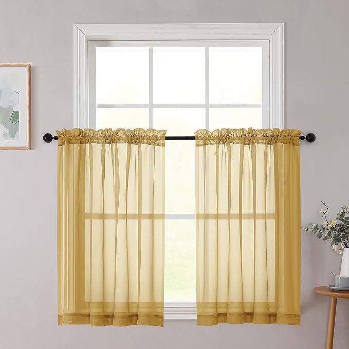 Chyhomenyc Gold Sheer Curtains 36 inch Length 2 Panels Set, Light Filtering by Chyhomenyc