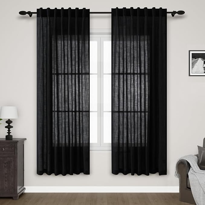 Nanspring Black Semi Sheer Linen Curtains 78 inch Length by Nanspring