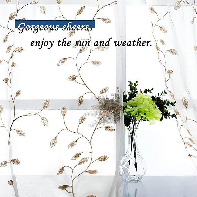 MRTREES Sheer Curtain Valances 2 Panels, Leaves Embroidered Voile Valance - Image 4