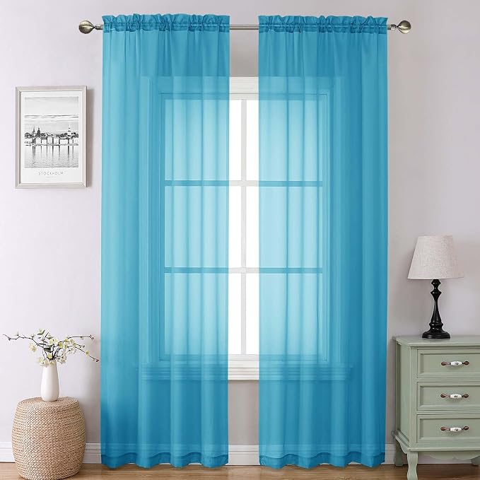 Lecloud Turquoise Sheer Curtains 90 Inches Long 2 Panels, Elegant Gauzy Airy by Lecloud