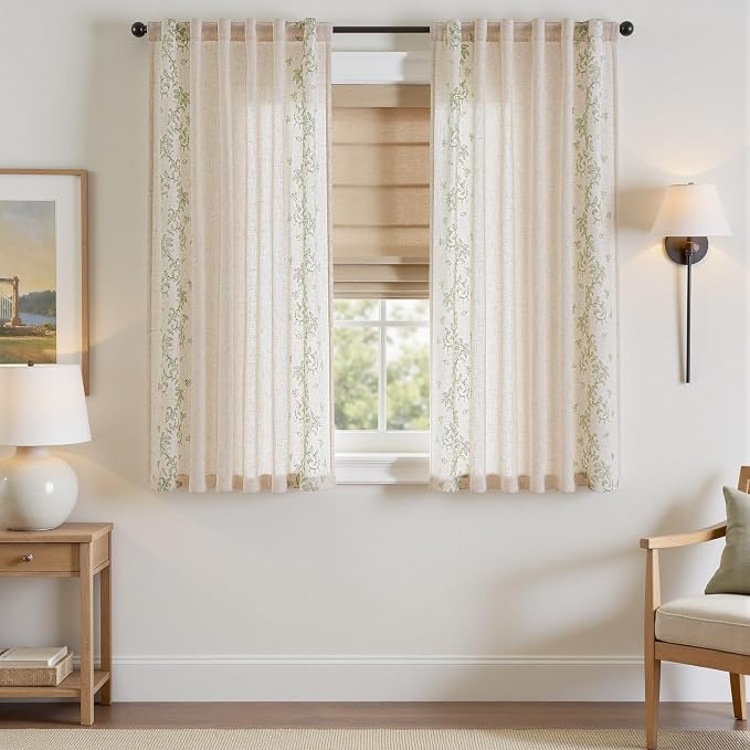 jinchan Evelyn Embroidered Linen Curtains 63 inch Floral Curtains - Image 2