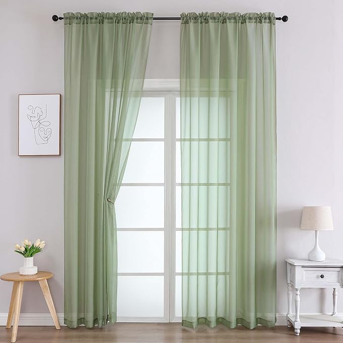 Sheer Green Curtains for Bedroom Living Room 90 Inches Long 2 Panels Set by WelvetBLK
