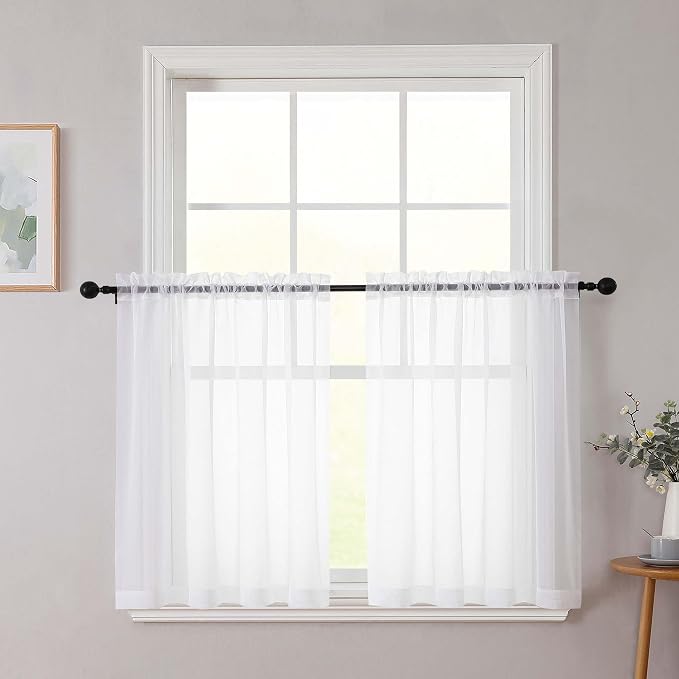 White Kitchen Curtains 30 Inch Length Tier 2 PCS, Solid Soft Airy Half Curtains by WelvetBLK