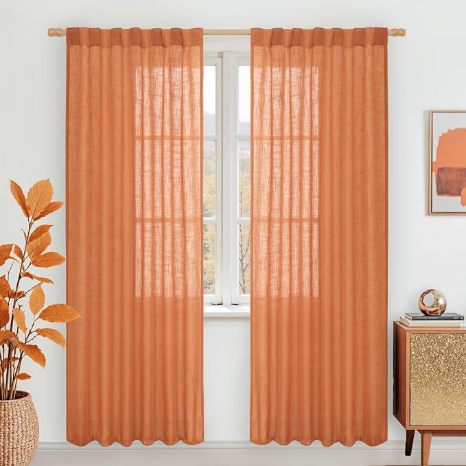 LAMIT Burnt Orange Sheer Linen Curtains, 80 inch Light Filtering Semi Sheer by LAMIT