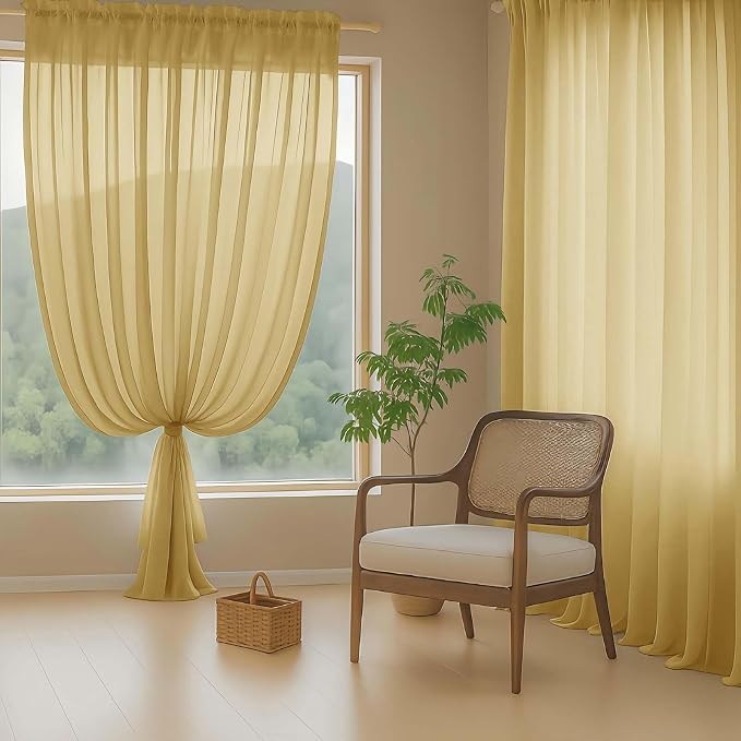 Gold Sheer Curtains 63 Inch Length 2 Panels, Voile Sheer Curtain - Image 8