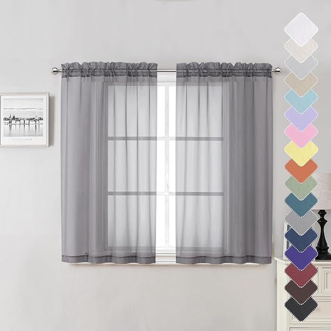 Lecloud Grey Sheer Curtains 45 Inch Long 2 Panels, Short Voile Drapes by Lecloud
