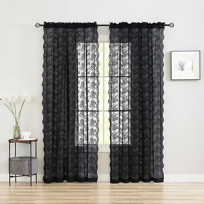 YJ YANJUN Vintage Lace Curtains 90 Inches Long- Victorian Floral Pattern Black - Image 3