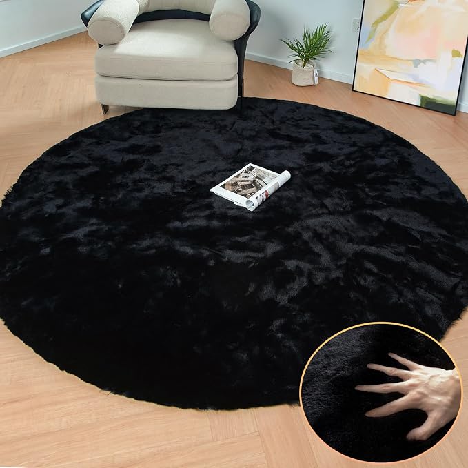 ORINOVA Black Round Area Rug 5ft Washable Faux Fluffy Fur Rug by ORINOVA