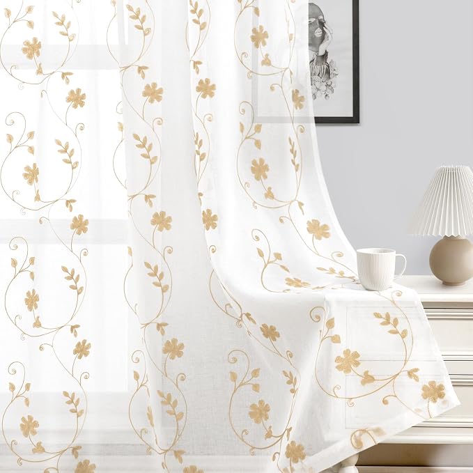 HOMEIDEAS Yellow Sheer Curtains 84 Inches Long 2 Panels Yellow and White - Image 7