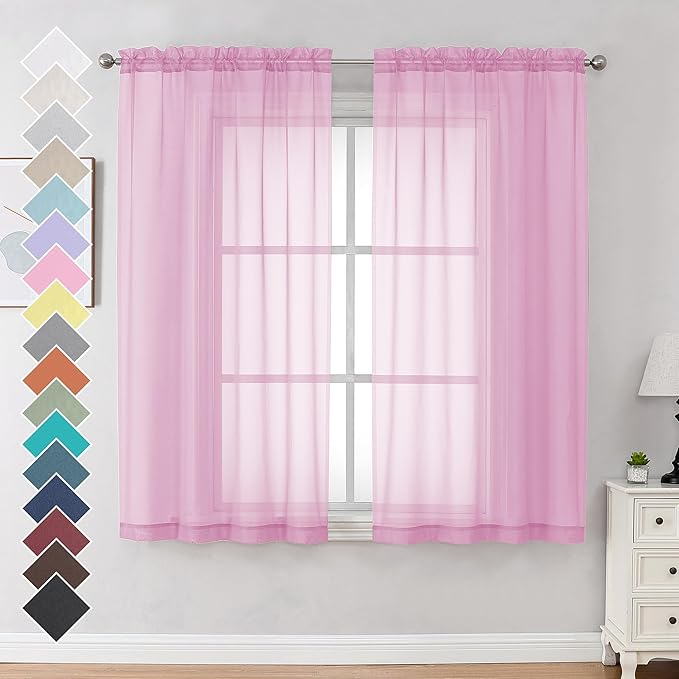 OVZME 2 Pack Pink Sheer Curtains 63 Inch Length, Light Filtering Window Curtain by OVZME