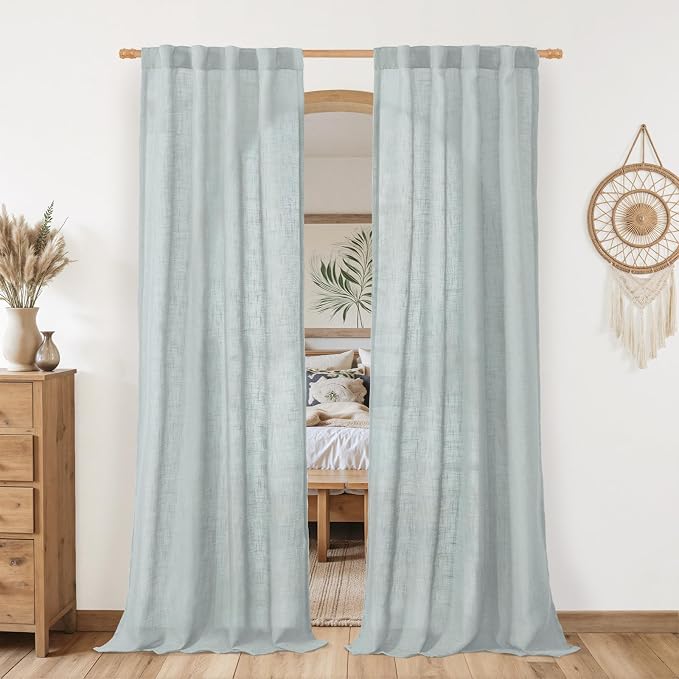 LAMIT Greyish Blue Linen Boho Curtains 80 inch Length 2 Panels, Light Filtering by LAMIT