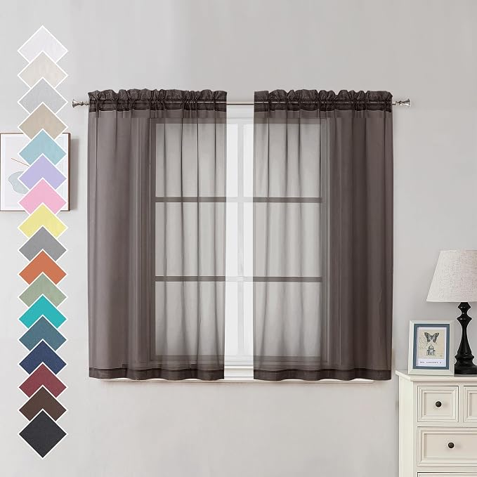OVZME Chocolate Brown Sheer Curtains 45 Inches Long 2 Panels, Light Filtering by OVZME