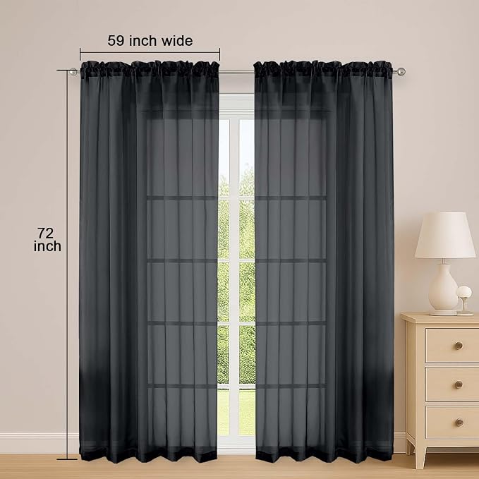 OWENIE Black Sheer Curtains 72 Inches Long 2 Panels Set, Transparent Voile - Image 2