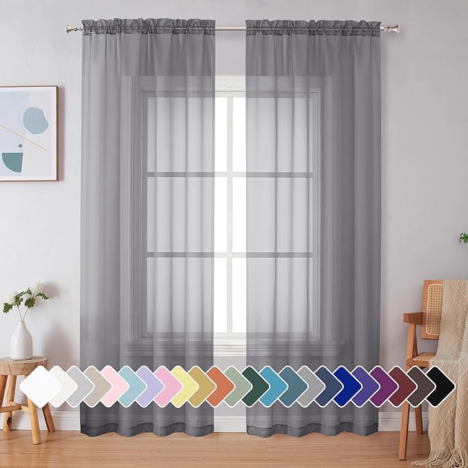 Simplebrand Grey Sheer Curtains 90 Inches Long, Light Filtering Rod Pocket by Simplebrand