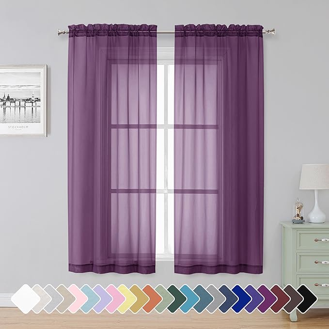 Simplebrand Plum Sheer Curtains 63 Inch Length 2 Panels, Rod Pocket Solid Color by Simplebrand