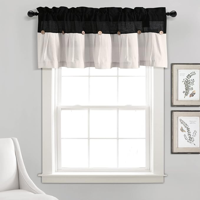 Lush Decor Linen Button Farmhouse Valance Curtians 52"W x 18"L Black & White by LushDecor