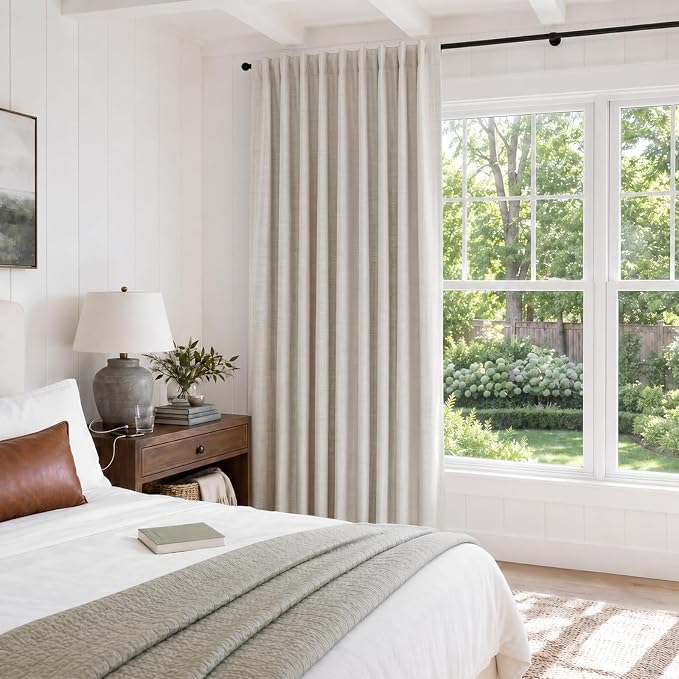Linen Textured Total Blackout Sliding Door Curtains 108 Inches Long, Cream | - Image 5