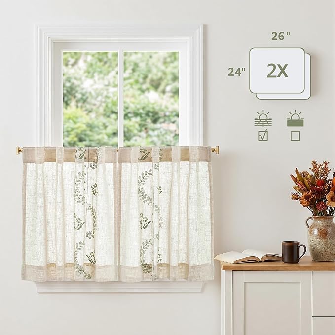 jinchan Belrose Linen Floral Kitchen Curtains 24 inch Length Embroidered - Image 5