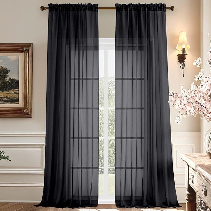 Aiyufeng Sheer Black Curtains 120 Inches Long, Extra Long Rod Pocket Solid by Aiyufeng