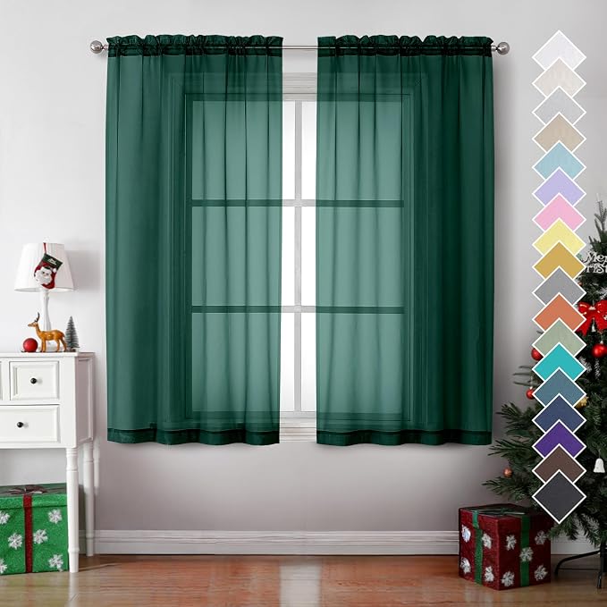OVZME Hunter Green Sheer Curtains 63 Inches Long 2 Panels - Image 2