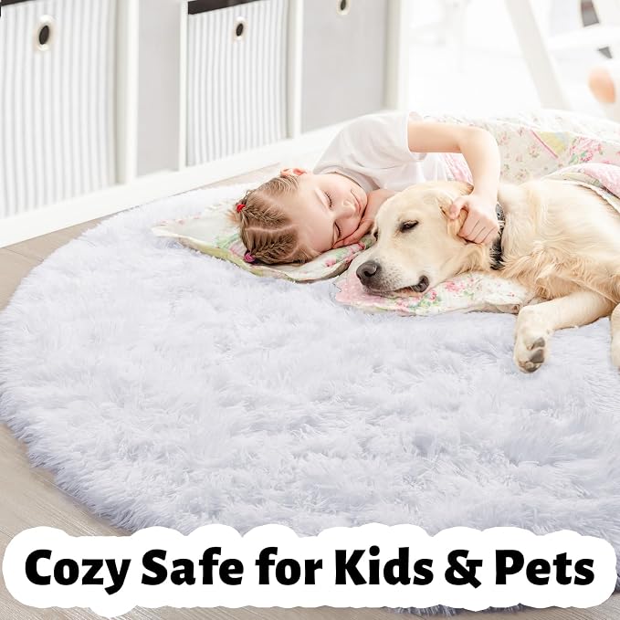 Amdrebio White Fluffy Round Rug 4Ft - Image 3