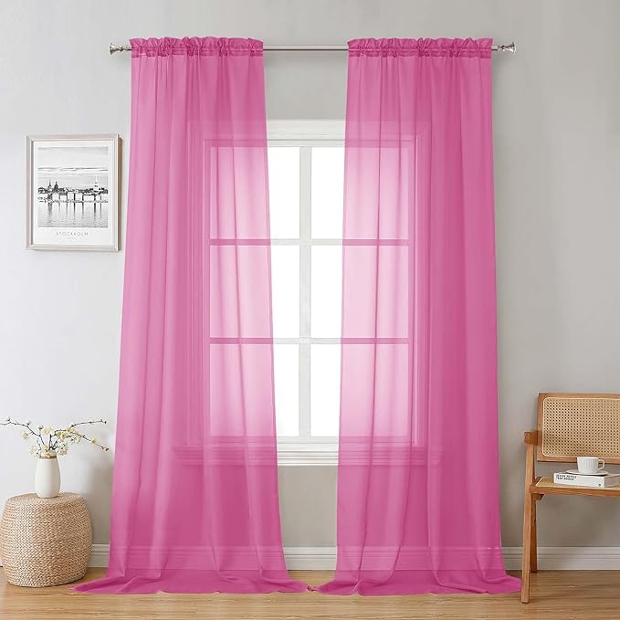 Lecloud Hot Pink Sheer Curtains 96 Inches Long 2 Panels, Rod Pockets Solid by Lecloud