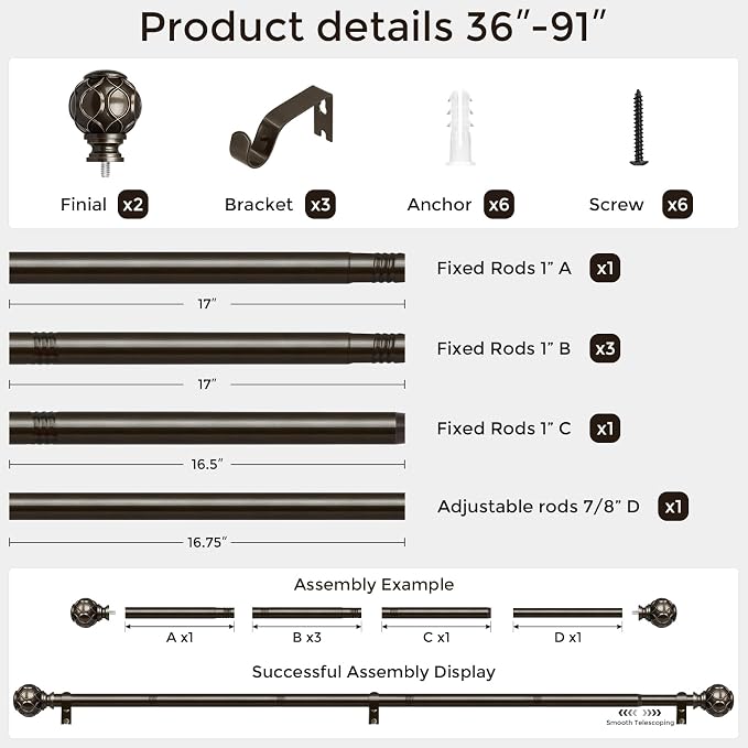Bronze Curtain Rod, Heavy Duty 1 Inch Decorative Curtain Rods - Image 5