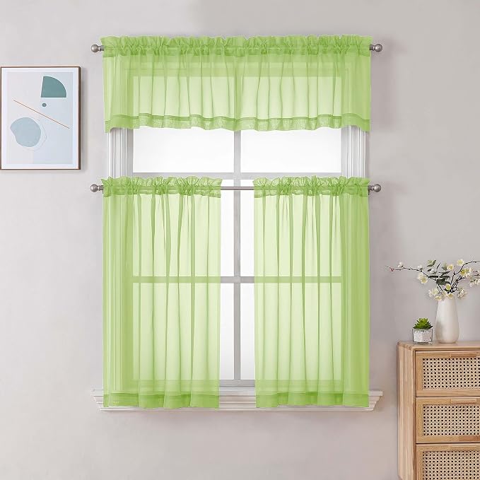 Chyhomenyc Sheer Lime Tier Curtains 24 Inch Length Set, Small Window Kitchen - Image 2