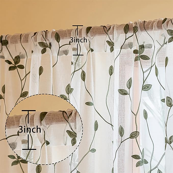 AmHoo 2 Panels Embroidered Leaf Pattern Semi Sheer Curtains Foliage Floral - Image 3