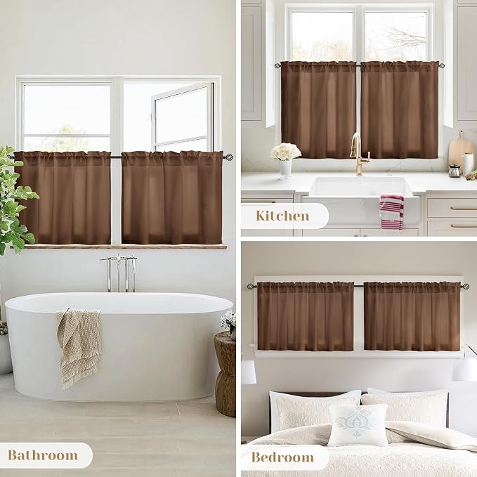 HOMEIDEAS Non-See-Through Brown Privacy Sheer Kitchen Curtains, 30 X 24 Inches - Image 8