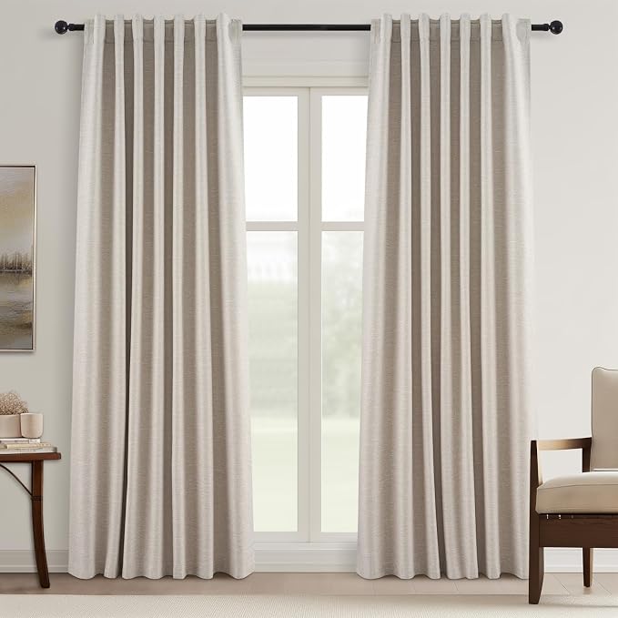 Topfinel 132 Inch Long Blackout Burlap Custom Curtains Natural Linen Tweed by Topfinel