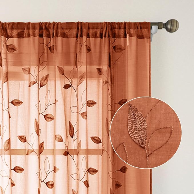 HOMEIDEAS Fall Burnt Orange Sheer Curtains 96 Inches Long 2 Panels Embroidered - Image 7
