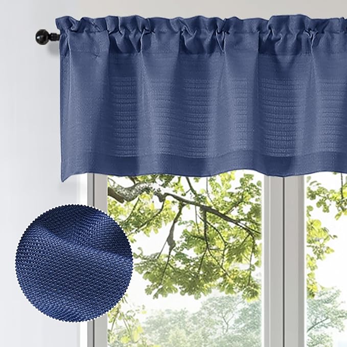 OWENIE Bob Valance Curtains 18 Inch Length 1 Piece, Faux Linen Slub Solid Blue - Image 2