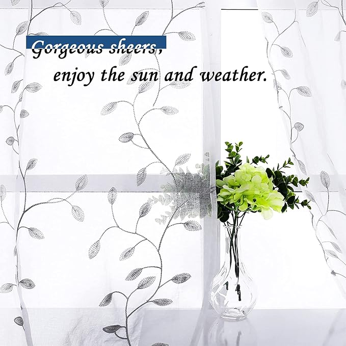 MRTREES Sheer Voile Curtain Valances 2 Panels, Leaves Embroidered Valance - Image 3