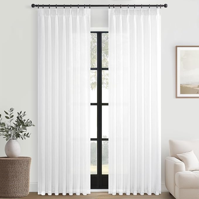 Topfinel Beige White Pinch Pleat Linen Curtains - Image 9