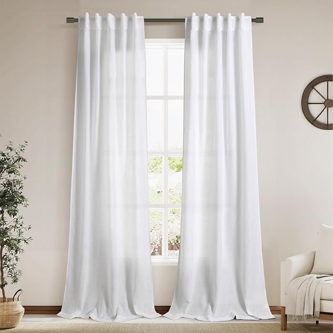 White Linen Sheer Curtains 102 Inches 2 Panels Set Back Tab Rod Pocket Extra by Nanspring