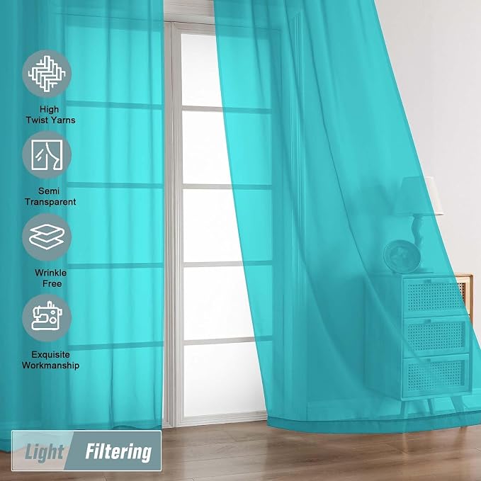 Turquoise Sheer Curtains for Window 96 Inches Long 2 Panels, Soft Airy Light - Image 5