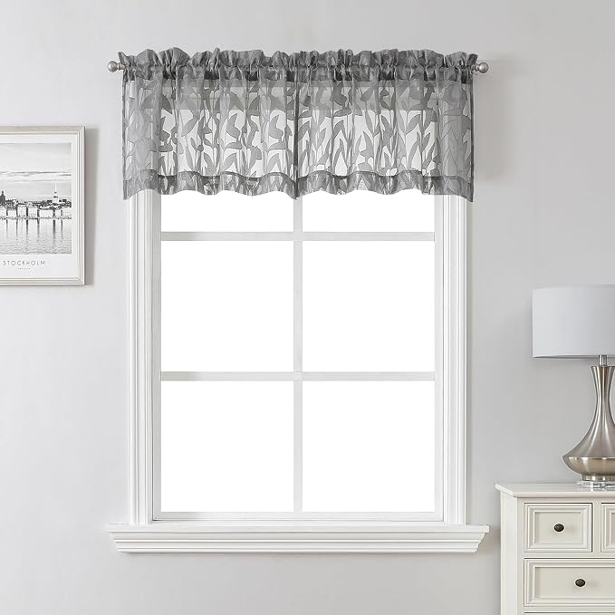 Lecloud Leia Charcoal Grey Sheer Curtains 16 Inch Length 2 Pcs, Jacquard Leaf by Lecloud