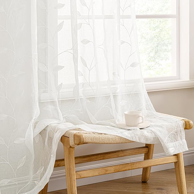 MIULEE Ivory Sheer Curtains 2 Panels Embroidered Leaf Patterned Rod Pocket by MIULEE