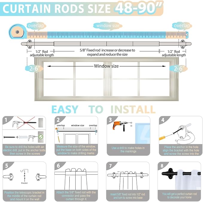 TVWOO Wrap Around Curtain Rods, 5/8 Inch Adjustable Blackout Curtain Rod Set - Image 7