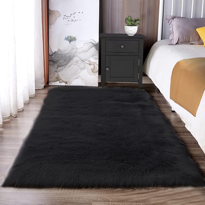 Latepis Black Rugs for Bedroom 3x5 Throw Rug Shag Washable Faux Fur Sheepskin by Latepis