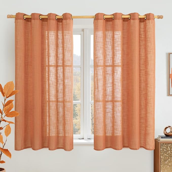 LAMIT Burnt Orange Sheer Linen Curtains 54 Inch Length, Light Filtering Panels by LAMIT