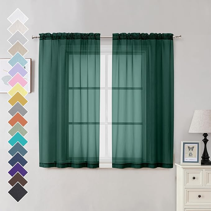 OVZME Hunter Green Sheer Curtains 54 Inches Long 2 Panels by OVZME