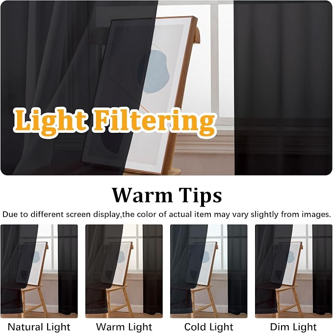 Gwine Black Sheer Curtains 90 Inches Long 2 Panels Set, Light Filtering Solid - Image 5