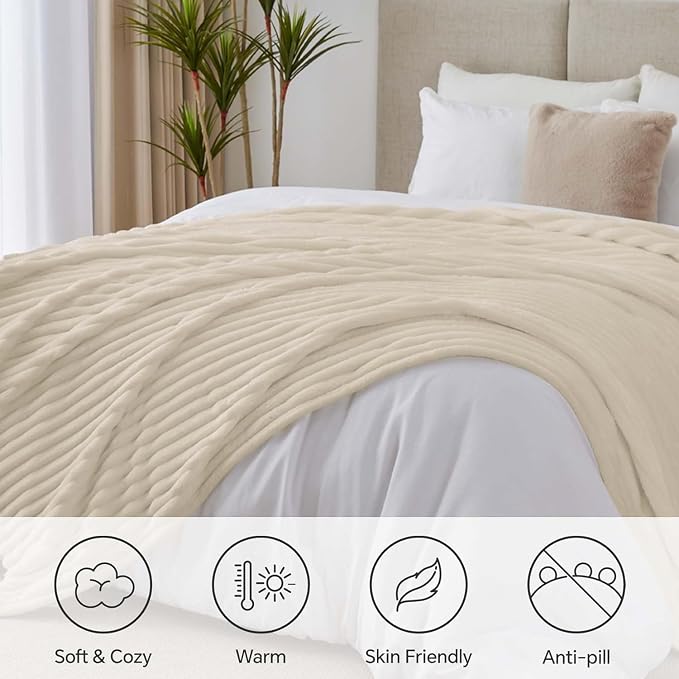 BEDELITE Full Size Blanket for Bed, 300GSM Soft & Warm Fleece Beige Blanket - Image 7