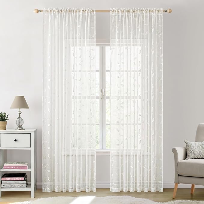 MIULEE Ivory Sheer Curtains 2 Panels Embroidered Leaf Patterned Rod Pocket - Image 2