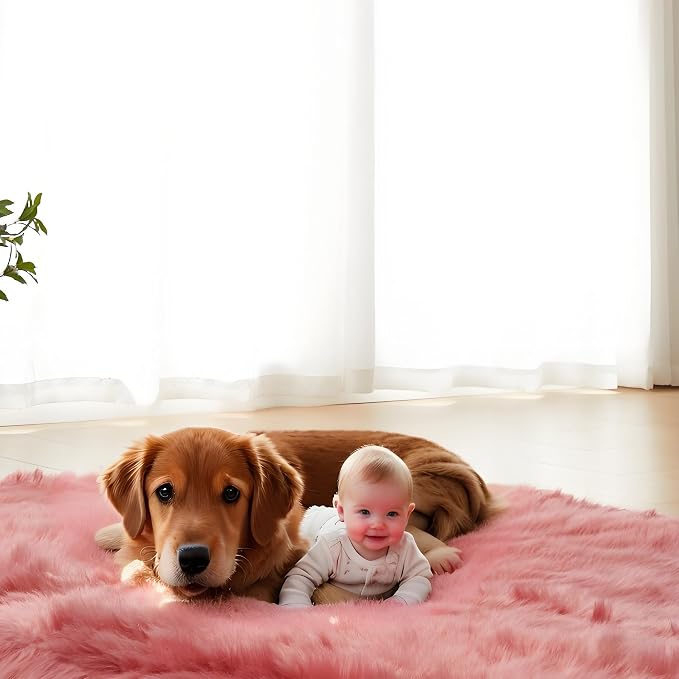 AMTOVO Faux Fur Sheepskin Rug for Living Room, 4 x 6 ft Blush Pink Fluffy Area - Image 8
