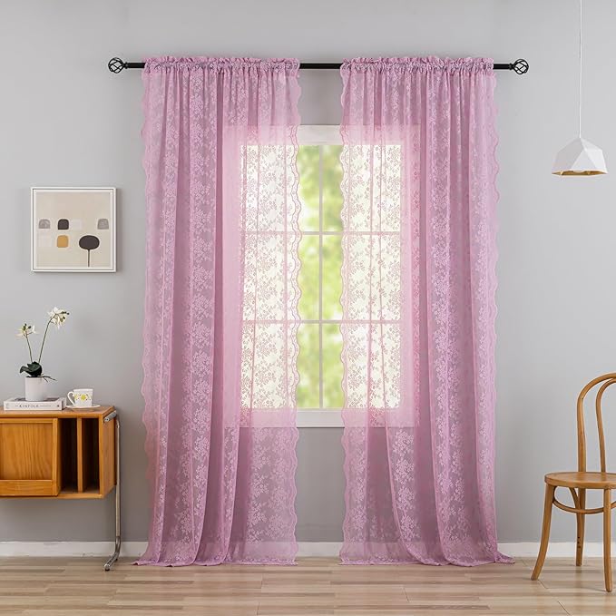 YJ YANJUN Vintage Lace Curtains 108 Inch Long-Victorian Floral Pattern Lilac by YJYANJUN